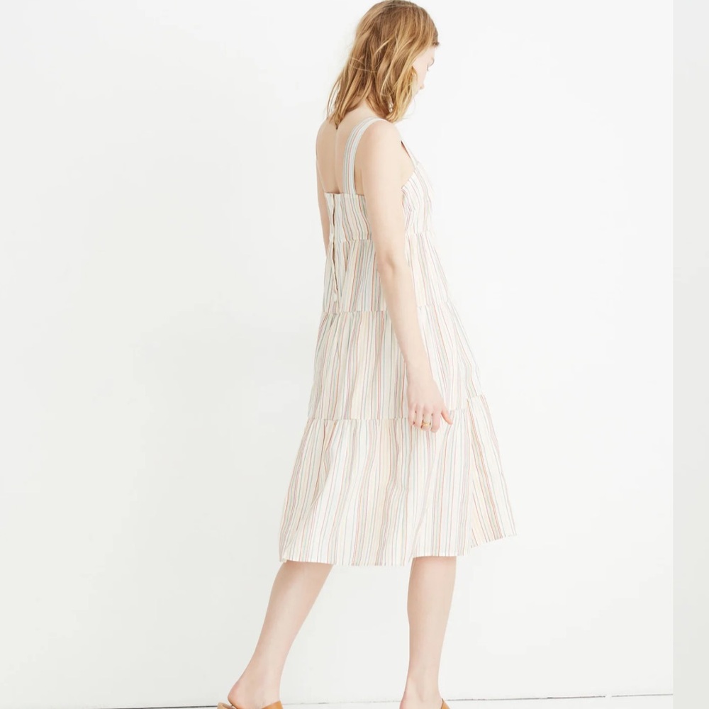 Madewell Striped Button-Back Tiered Dress in Textural Rainbow Stripe